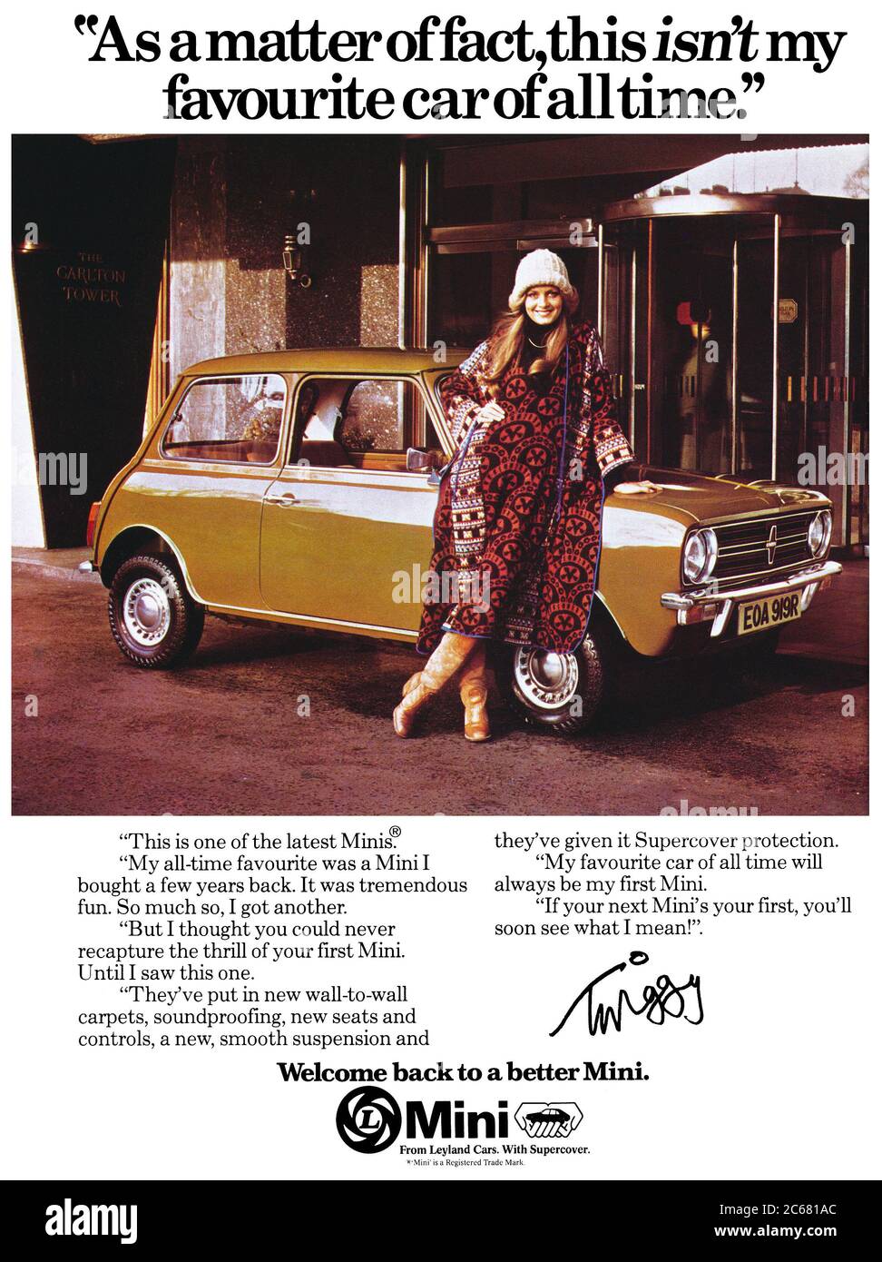1977 Britische Werbung für den Leyland Mini-Motorwagen mit Modelmodell Twiggy. Stockfoto
