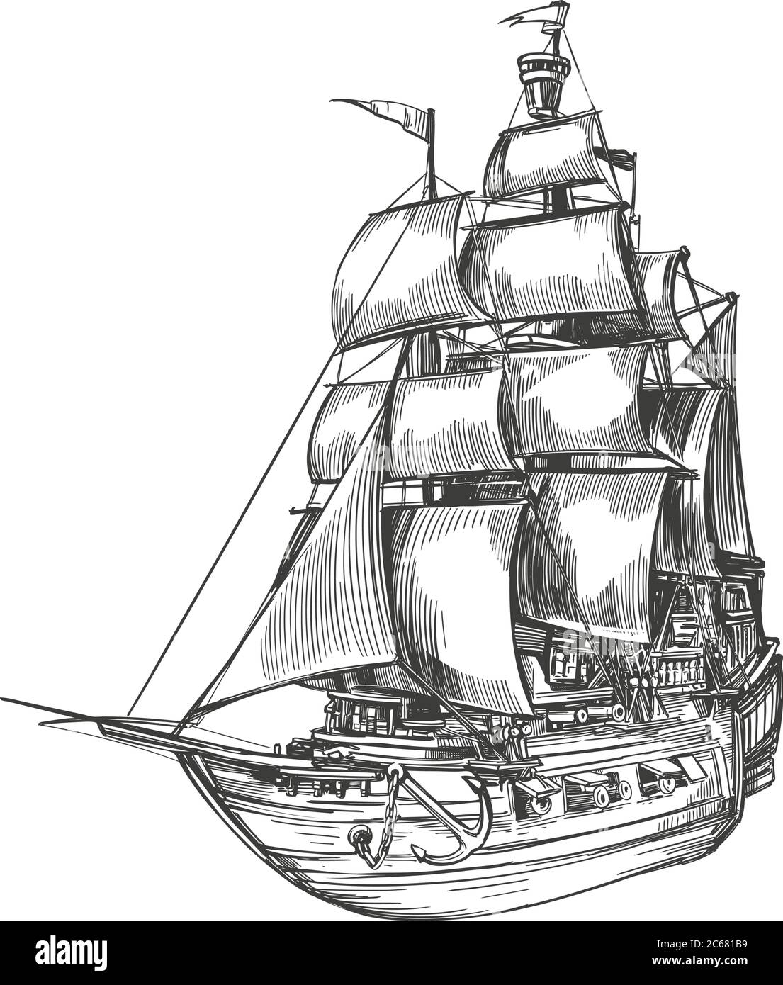 Retro altes Schiff vintage handgezeichnete Vektor-Illustration realistische Skizze. Stock Vektor