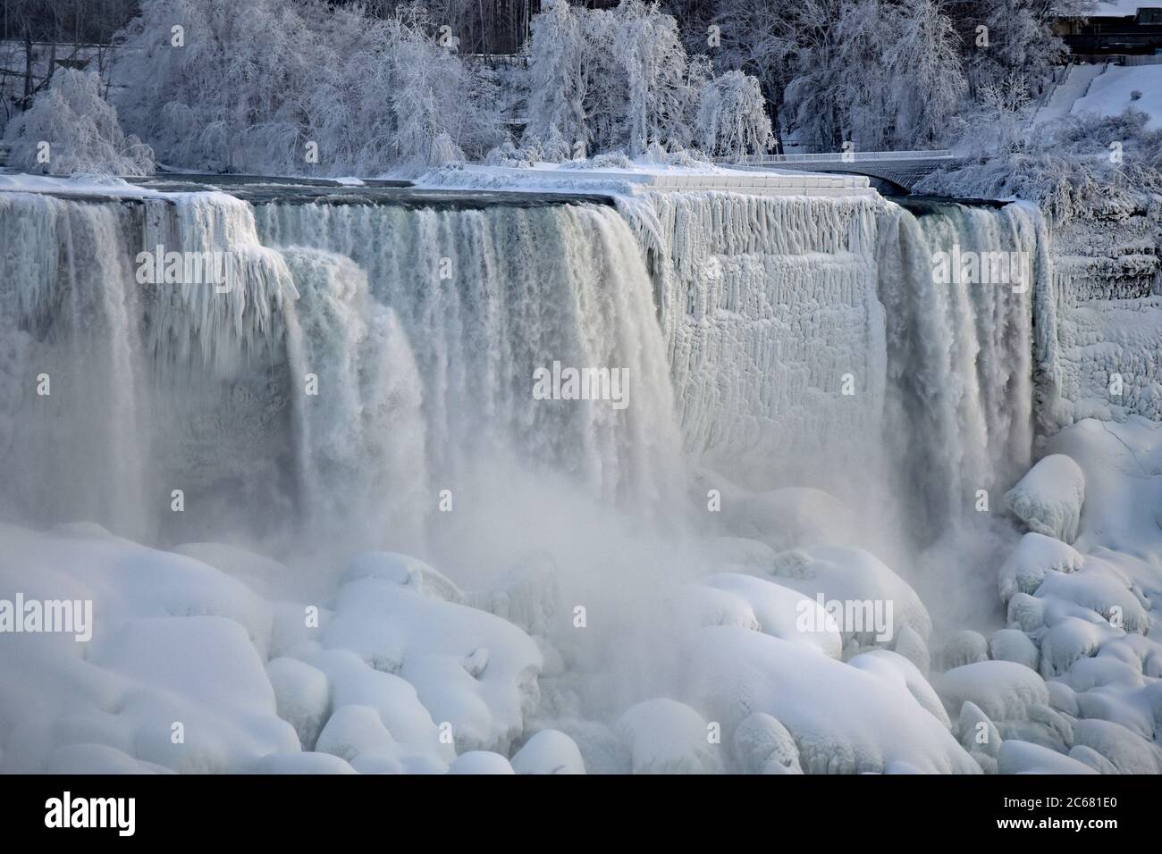 American Falls und Bridal Veil fällt im Winter. Gefrorene Bäume und Felsbrocken und Schnee auf dem Boden. Nebel steigt von den Stürzen. Niagara Falls. Stockfoto