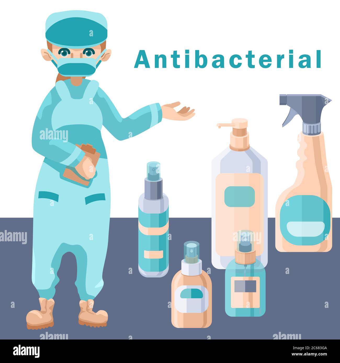 Antibakterieller Text mit Antiseptika auf weißem Hintergrund. Krankenschwester in Maske für soziale Banner, Hygiene-Förderung, medizinische Poster. Logo oder Info der Apotheke c Stock Vektor