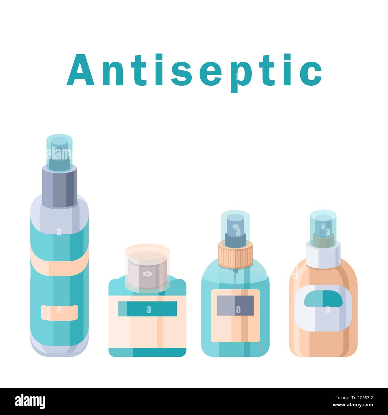 Antiseptischer Text mit Kopierraum auf weißem, isoliertem Hintergrund. Set von Flaschen für soziale Banner, Hygiene-Förderung, medizinische Poster. Chemikerei Logo oder Stock Vektor