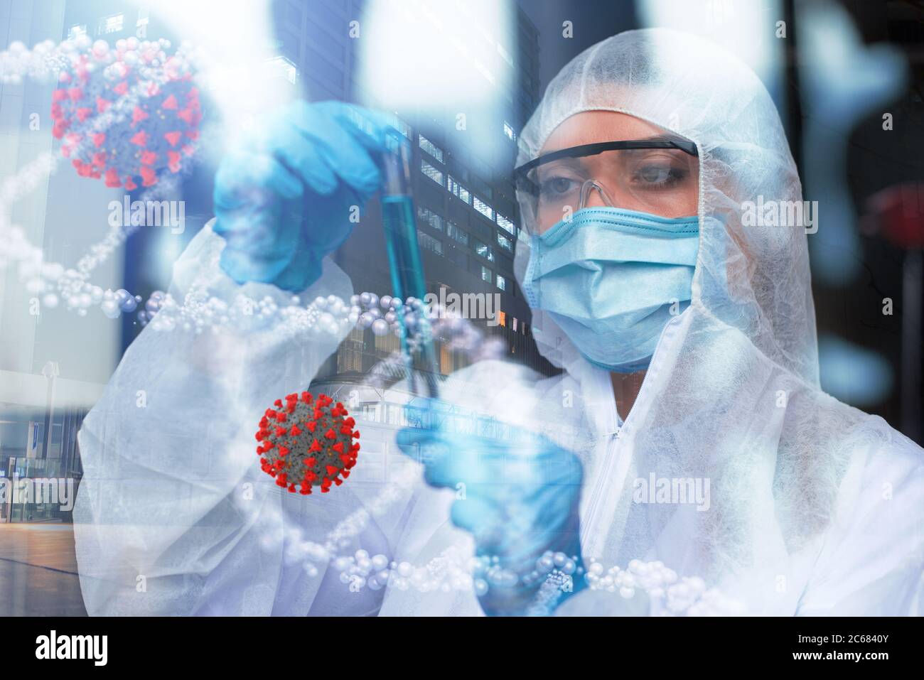Medizinwissenschaftliches Labor. Konzept der Bakterienforschung gegen das Kovid-19-Coronavirus Stockfoto