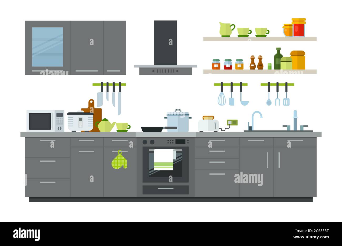 Illustration einer Küche mit Möbeln, Geräten und Utensilien Vektor-Illustration Stock Vektor