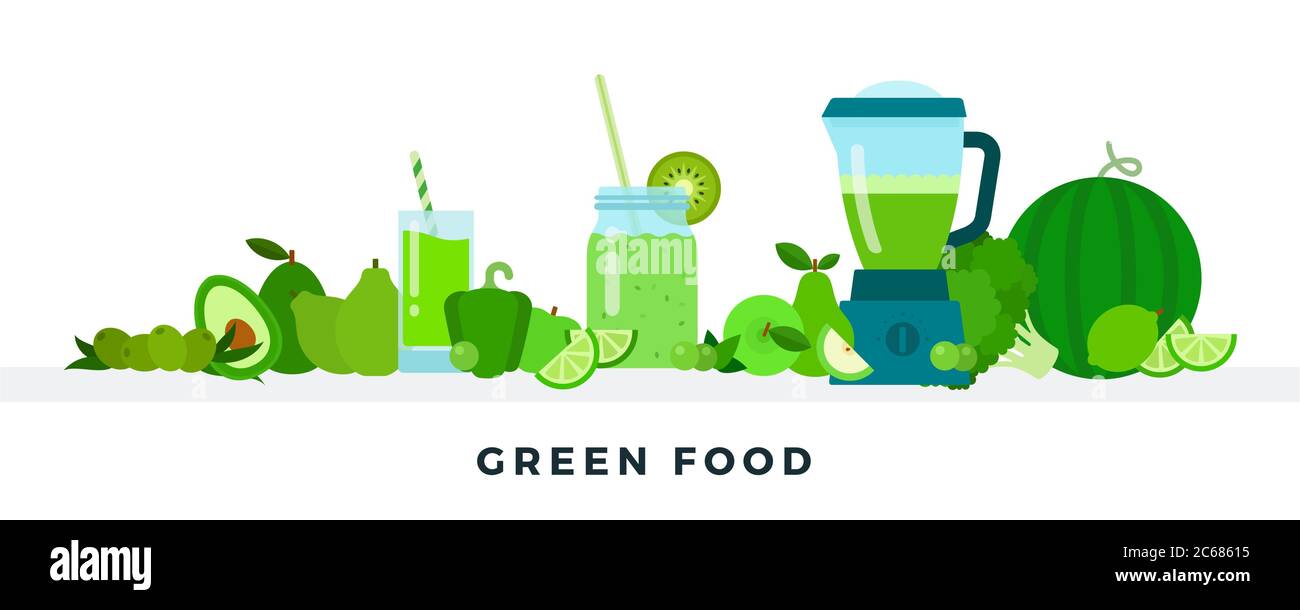 Grüne Lebensmittel Vektor flache Illustrationen. Voller Vitamine gesunde Ernährung Konzept. Stock Vektor