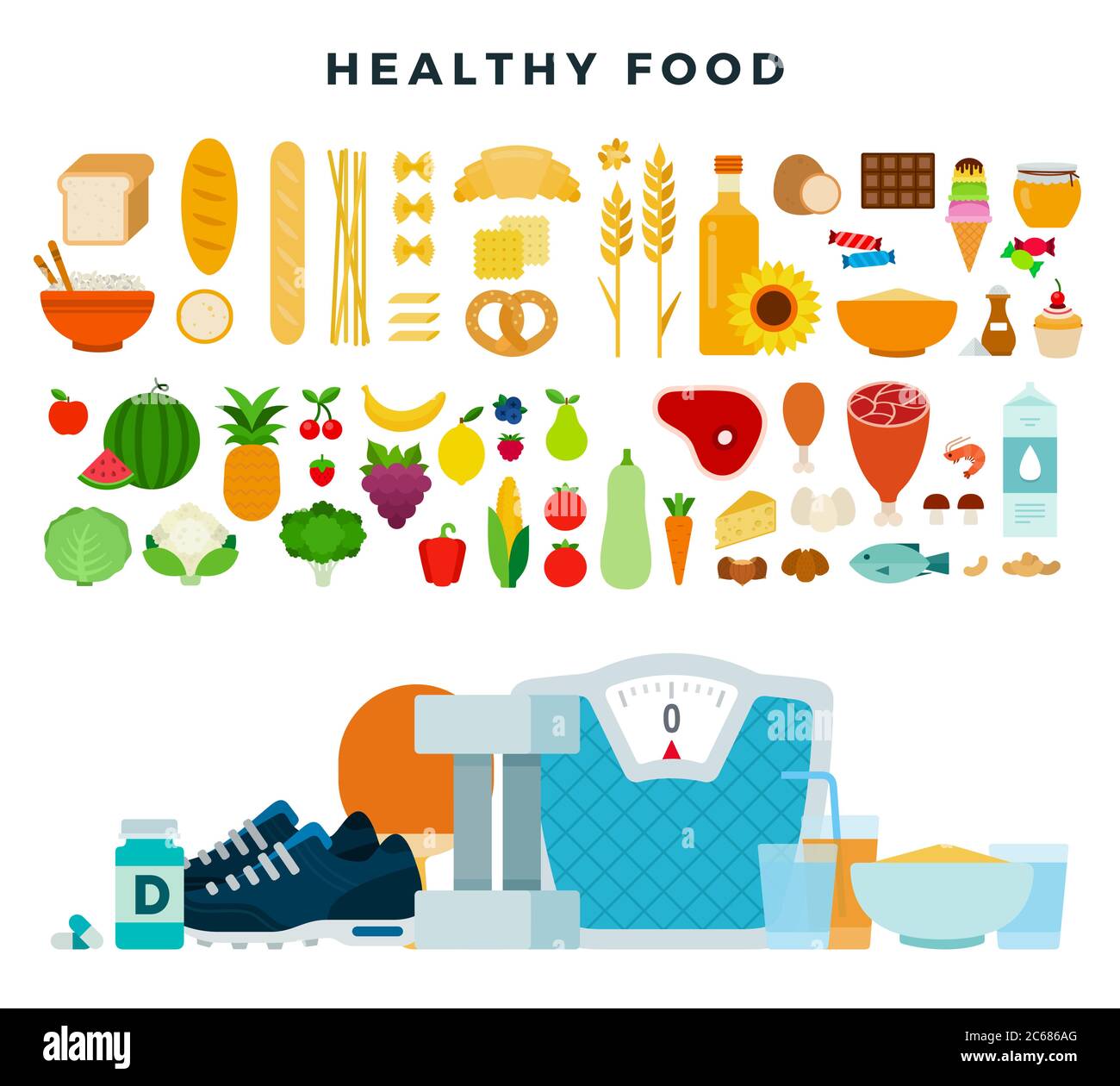 Gesunde Lebensmittel, Set. Gesunde Bio-Lebensmittel für Ernährung, Gewichtsverlust, fit zu halten, gesunde Ernährung. Sportnahrung. Vektordarstellung in Stock Vektor