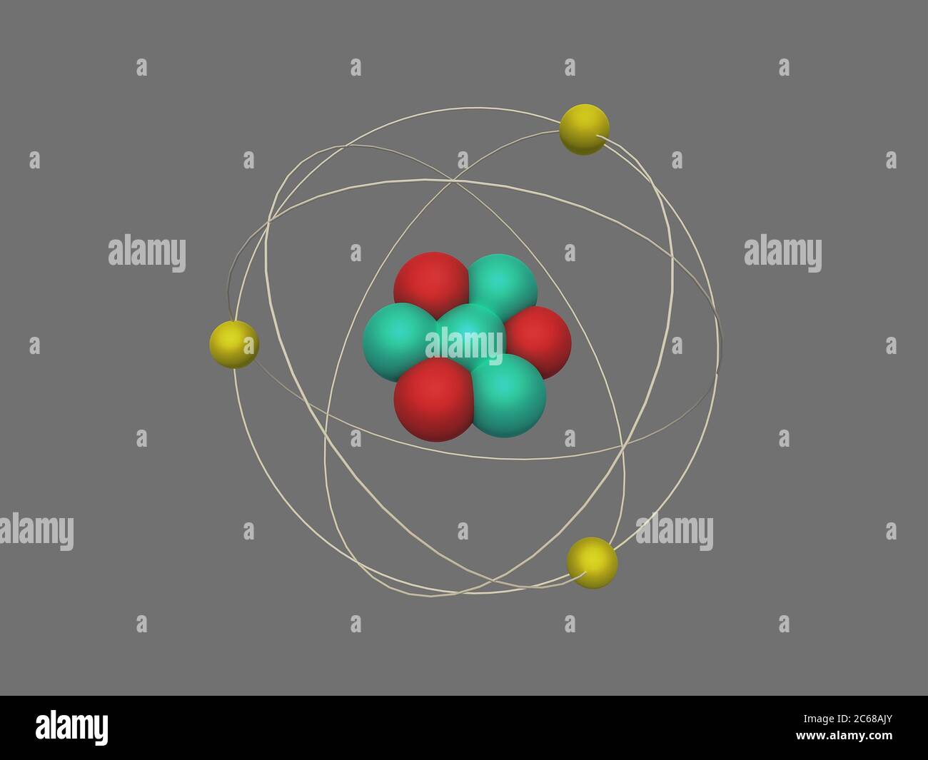 Lithium-Atom auf grauem Hintergrund isoliert, 3d-Rendering-Illustration Stockfoto