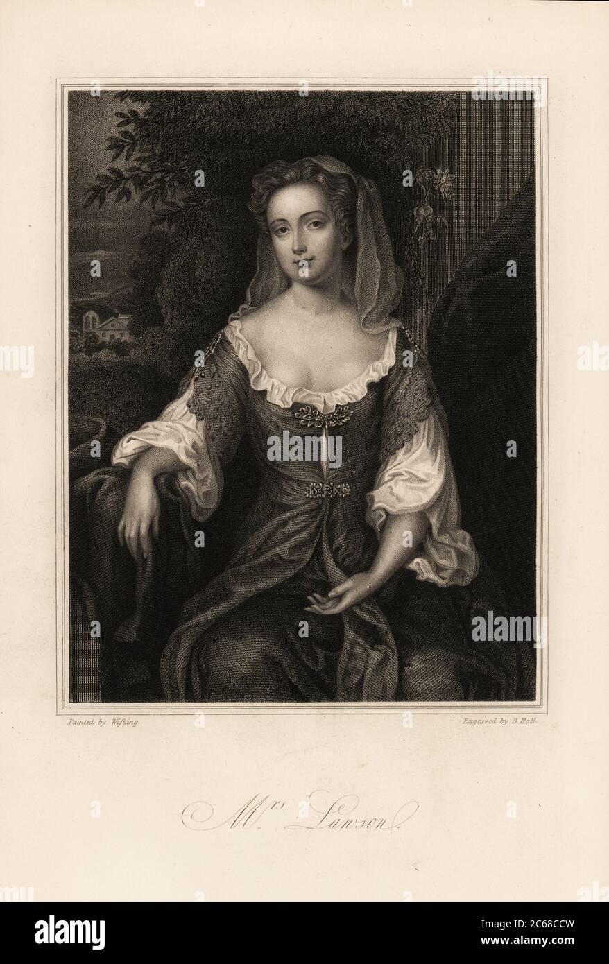 Mrs Lawson oder Miss Lawson, eine der Windsor-Schönheiten. Es wird angenommen, dass sie die Tochter des römisch-katholischen Baronets Sir John Lawson und Catherine Howard, Nichte der Herzogin von Richmond, war. Stahlstich von B. Holl nach einem Porträt von Willem Wissing aus Mrs Anna Jamesons Memoiren der Schönheiten des Hofes von König Karl dem Zweiten, Henry Coburn, London, 1838 Stockfoto