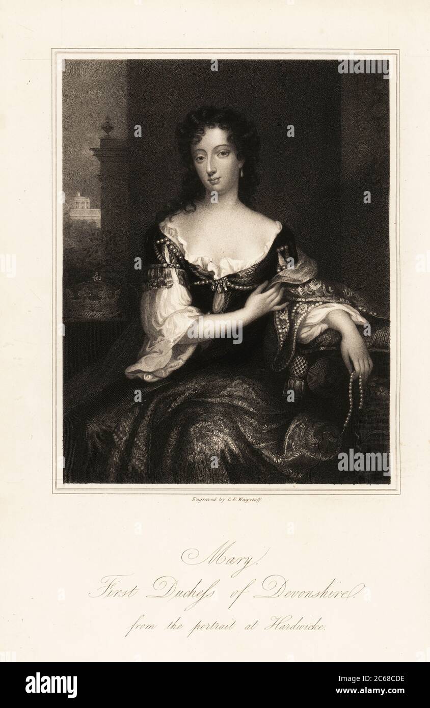 Porträt von Mary Cavendish, 1. Herzogin von Devonshire, Ehefrau von William Cavendish, 4. Earl und 1. Duke of Devonshire, 1646-1710. Mary Butler war die zweite Tochter von James Butler, Herzog von Ormonde. Stahlstich von Charles Edward Wagstaff nach einem Originalportrait in Hardwick Hall, Derbyshire, aus Mrs Anna Jamesons Memoiren of the Beauties of the Court of King Charles the Second, Henry Coburn, London, 1838 Stockfoto