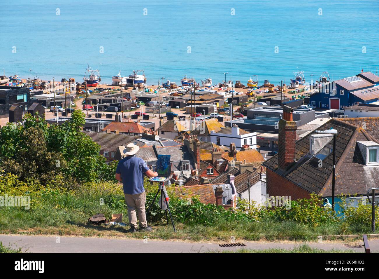 Künstler malt die Ansicht Hastings, East Sussex, Großbritannien Stockfoto
