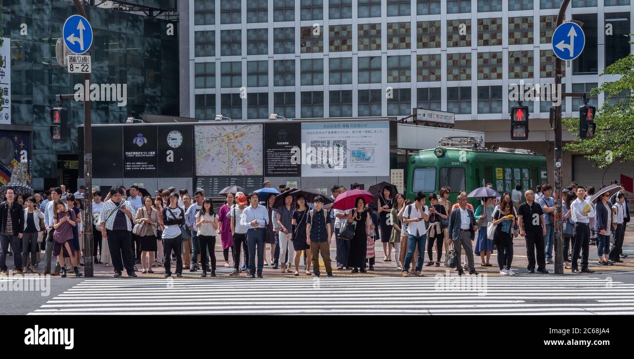 Fußgängermassen an Shibuya Scramble Crossing während des Tages, Tokio, Japan. Stockfoto