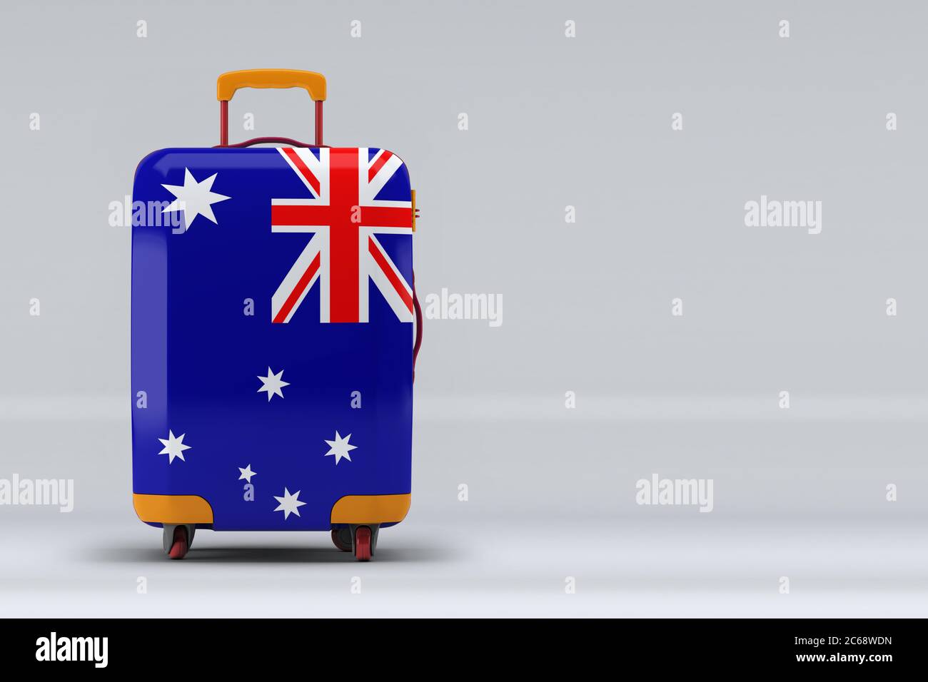 Australien Nationalflagge auf einem stilvollen Koffer auf farbigem Hintergrund. Leerzeichen für Text. Internationales Reise- und Tourismuskonzept. 3D-Rendering. Stockfoto