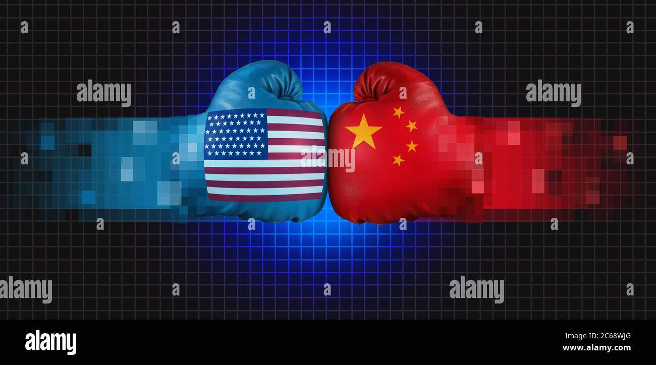 US-China Tech-Kalten Krieg und USA oder USA-Technologie mit zwei gegensätzlichen digitalen Partnern als wirtschaftliche Import-und Export-Konflikt-Konzept. Stockfoto