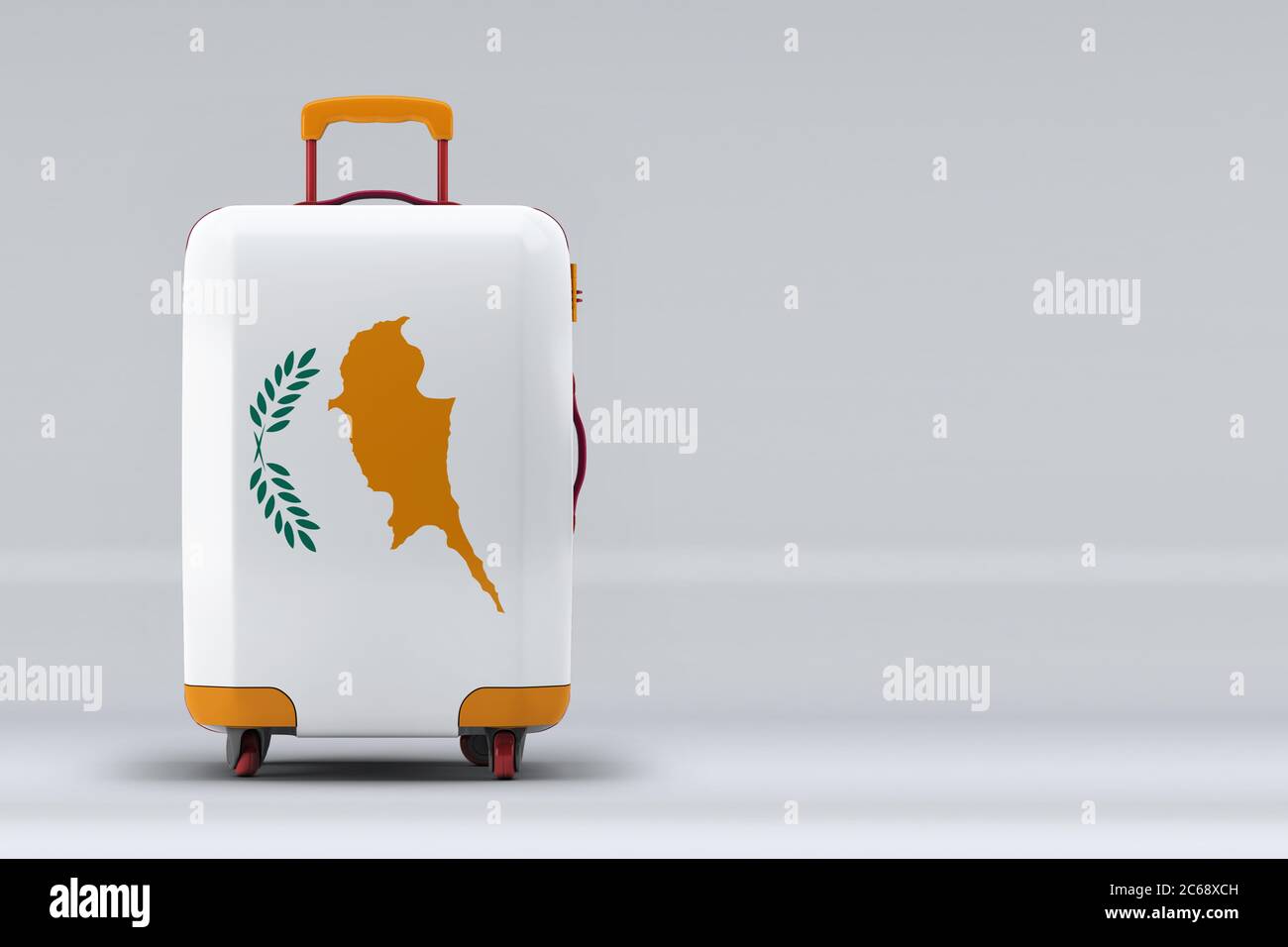 Zypern Nationalflagge auf einem stilvollen Koffer auf farbigem Hintergrund. Leerzeichen für Text. Internationales Reise- und Tourismuskonzept. 3D-Rendering. Stockfoto