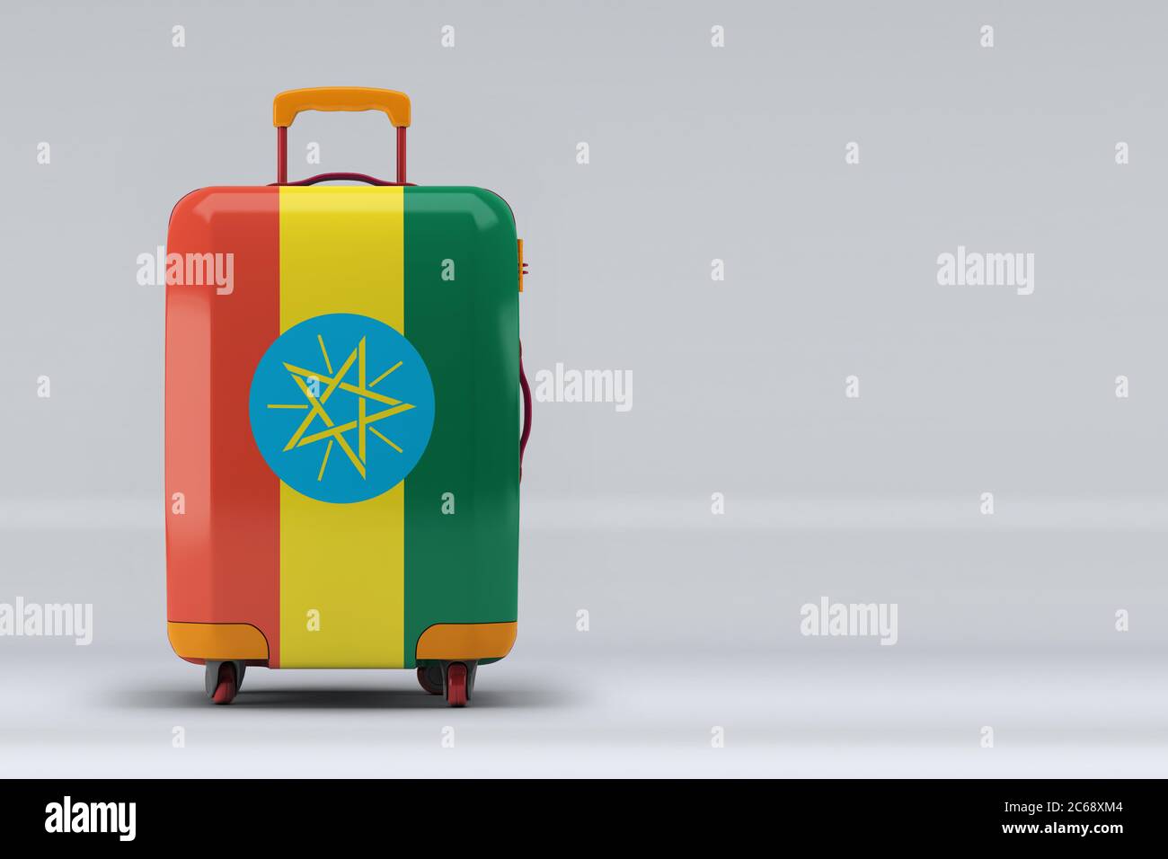 Äthiopische Nationalflagge auf einem stilvollen Koffer auf farbigem Hintergrund. Leerzeichen für Text. Internationales Reise- und Tourismuskonzept. 3D-Rendering. Stockfoto