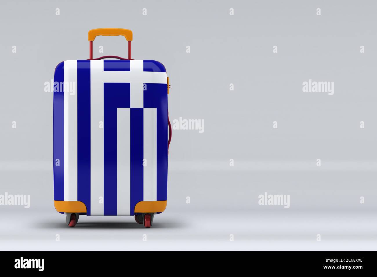 Griechenland Nationalflagge auf einem stilvollen Koffer auf farbigem Hintergrund. Leerzeichen für Text. Internationales Reise- und Tourismuskonzept. 3D-Rendering. Stockfoto