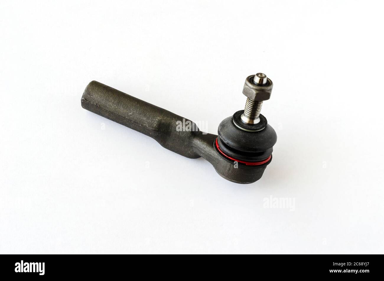 Spurstangenkopf oder Kugelgelenk auf weißem Hintergrund. Neues Ersatzteil für Lenkstange. Handel mit Ersatzteilen oder Autoservice. Stockfoto