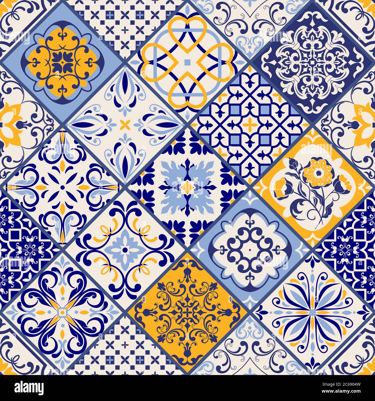 Nahtlos buntes Patchwork im türkischen Stil. Azulejos Fliesen Patchwork. Einrichtung in Portugiesisch und Spanien. Islam, Arabisch, Indisch, Ottomane Motiv. Stock Vektor