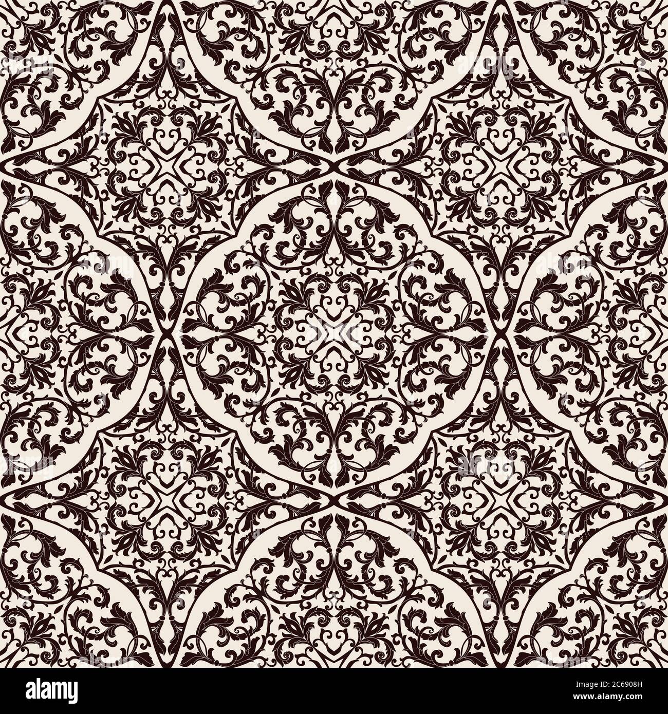 Nahtloses Patchwork im türkischen Stil. Azulejos Fliesen Patchwork in schwarz und beige. Einrichtung in Portugiesisch und Spanisch. Islam, Arabisch, Indisch, Ottomane Motiv. Stock Vektor