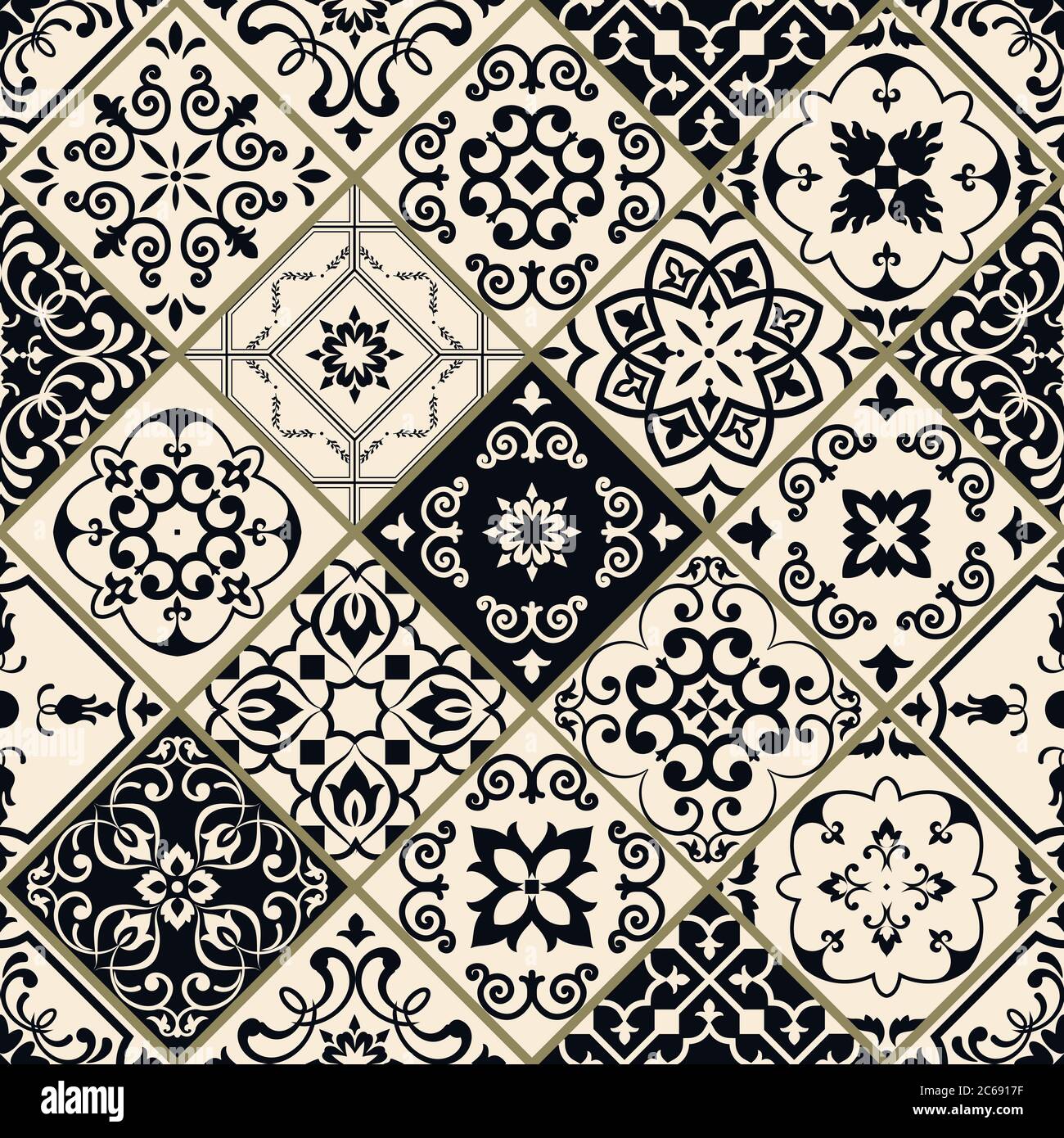 Nahtloses Patchwork im türkischen Stil. Azulejos Fliesen Patchwork in schwarz und beige. Einrichtung in Portugiesisch und Spanisch. Islam, Arabisch, Indisch, Ottomane Motiv. Stock Vektor