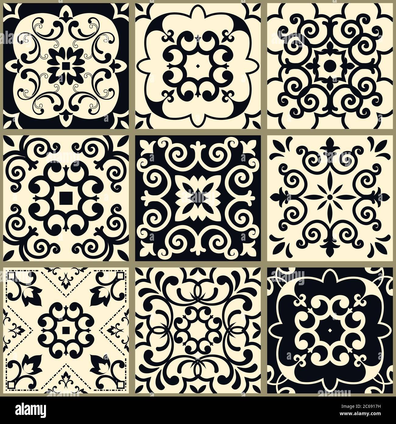 Nahtloses Patchwork im türkischen Stil. Azulejos Fliesen Patchwork in schwarz und beige. Einrichtung in Portugiesisch und Spanisch. Islam, Arabisch, Indisch, Ottomane Motiv. Stock Vektor