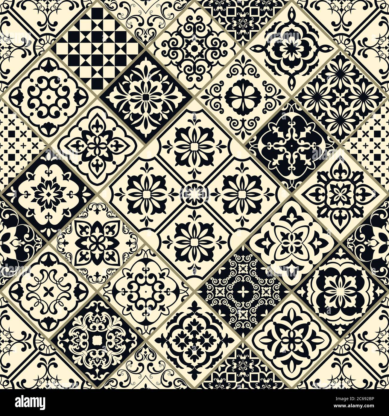 Nahtloses Patchwork im türkischen Stil. Azulejos Fliesen Patchwork in schwarz und beige. Einrichtung in Portugiesisch und Spanisch. Islam, Arabisch, Indisch, Ottomane Motiv. Stock Vektor