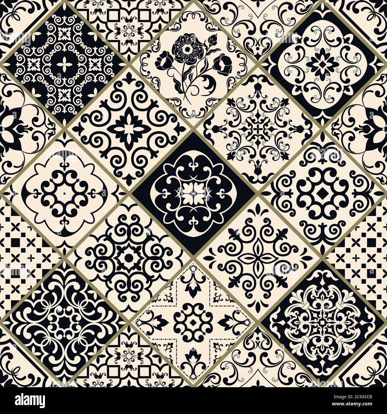 Nahtloses Patchwork im türkischen Stil. Azulejos Fliesen Patchwork in schwarz und beige. Einrichtung in Portugiesisch und Spanisch. Islam, Arabisch, Indisch, Ottomane Motiv. Stock Vektor