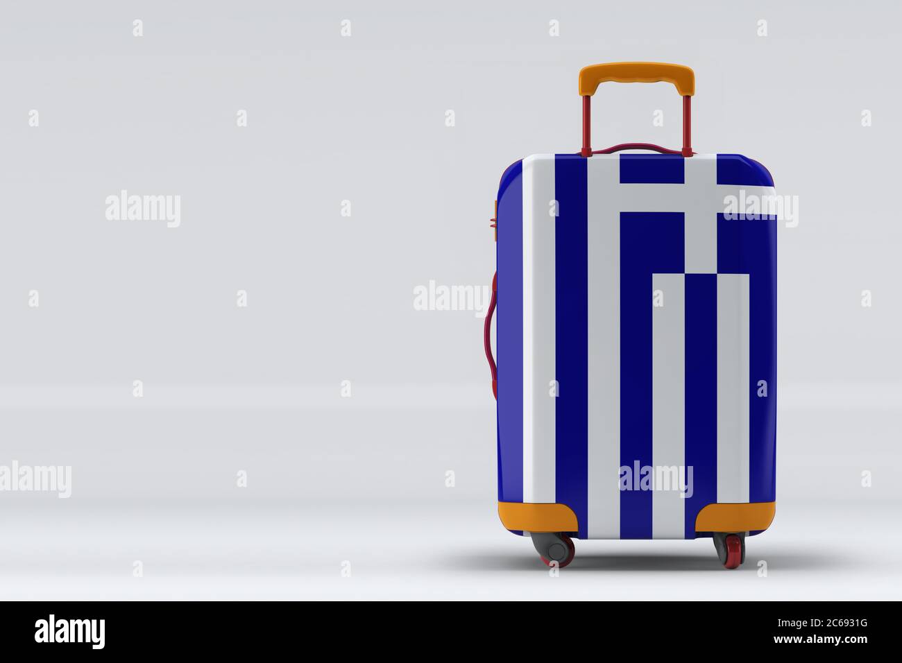 Griechenland Flagge auf einem stilvollen Koffer Rückansicht auf farbigem Hintergrund. Leerzeichen für Text. Internationales Reise- und Tourismuskonzept. 3D-Rendering. Stockfoto