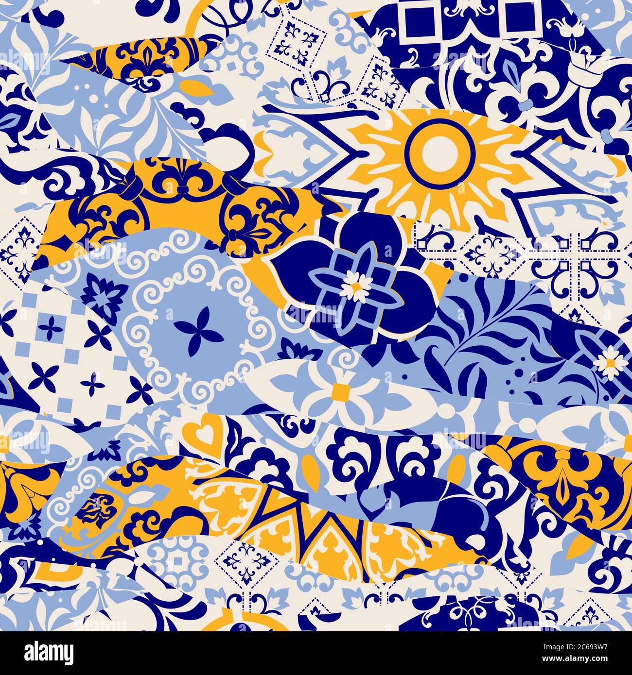 Azulejos Fliesen Patchwork. Nahtlos farbiges Patchwork. Majolika Keramik Fliesen, blau, gelb Azulejo. Original-Einrichtung im traditionellen portugiesischen und spanischen Stil Stock Vektor