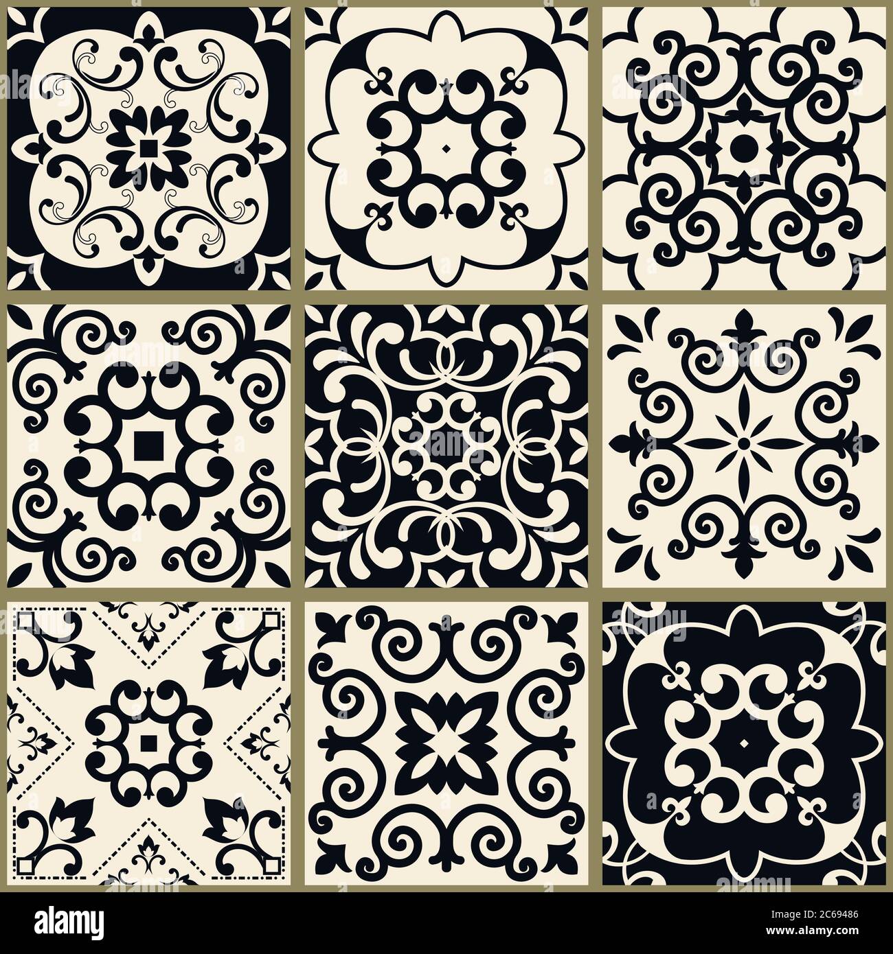 Nahtloses Patchwork im türkischen Stil. Azulejos Fliesen Patchwork in schwarz und beige. Einrichtung in Portugiesisch und Spanisch. Islam, Arabisch, Indisch, Ottomane Motiv. Stock Vektor