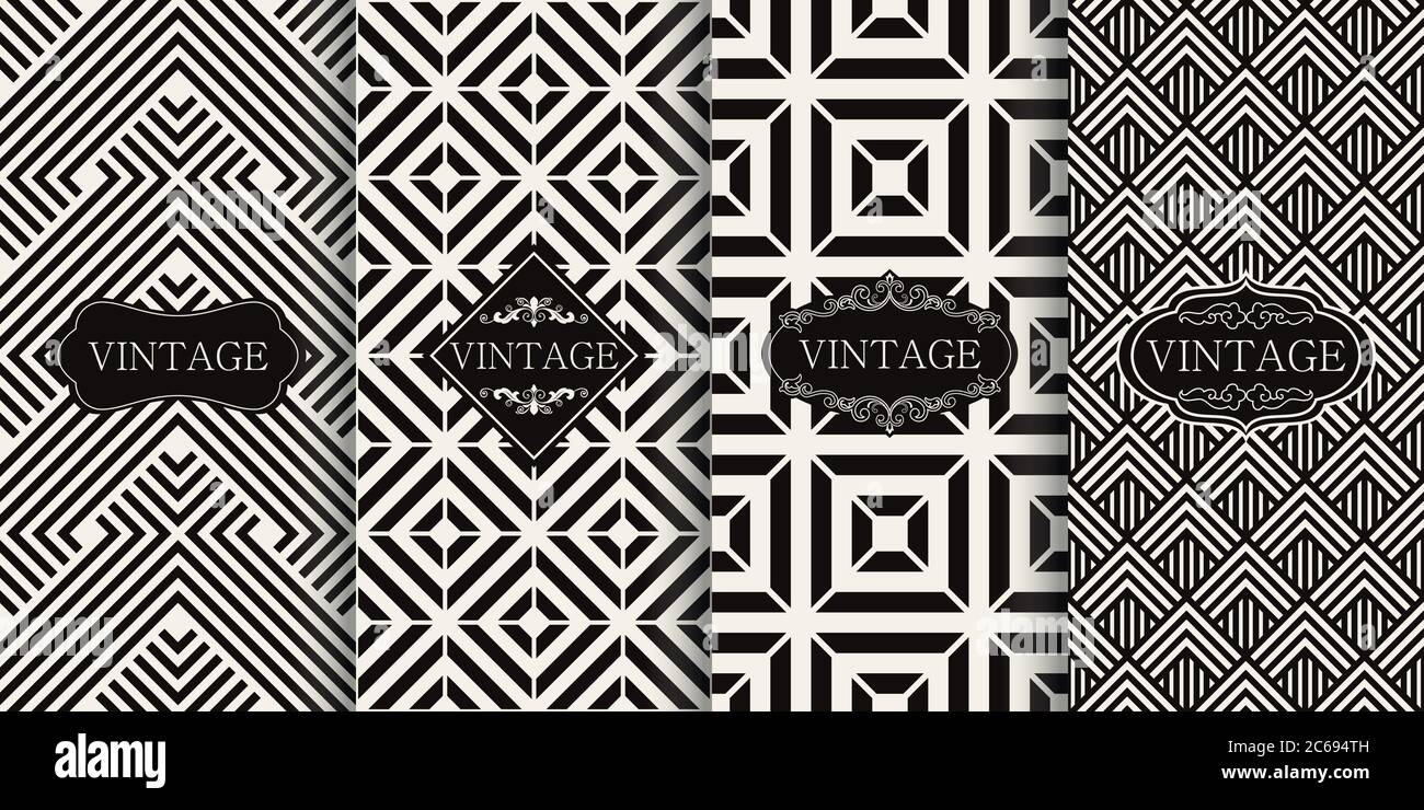 Set von nahtlosen Art-Deco-Mustern. Vektor Illustration Vintage-Design. Sammlung von abstrakten nahtlosen geometrischen Mustern. Schwarz-Weiß-Hintergründe Stock Vektor