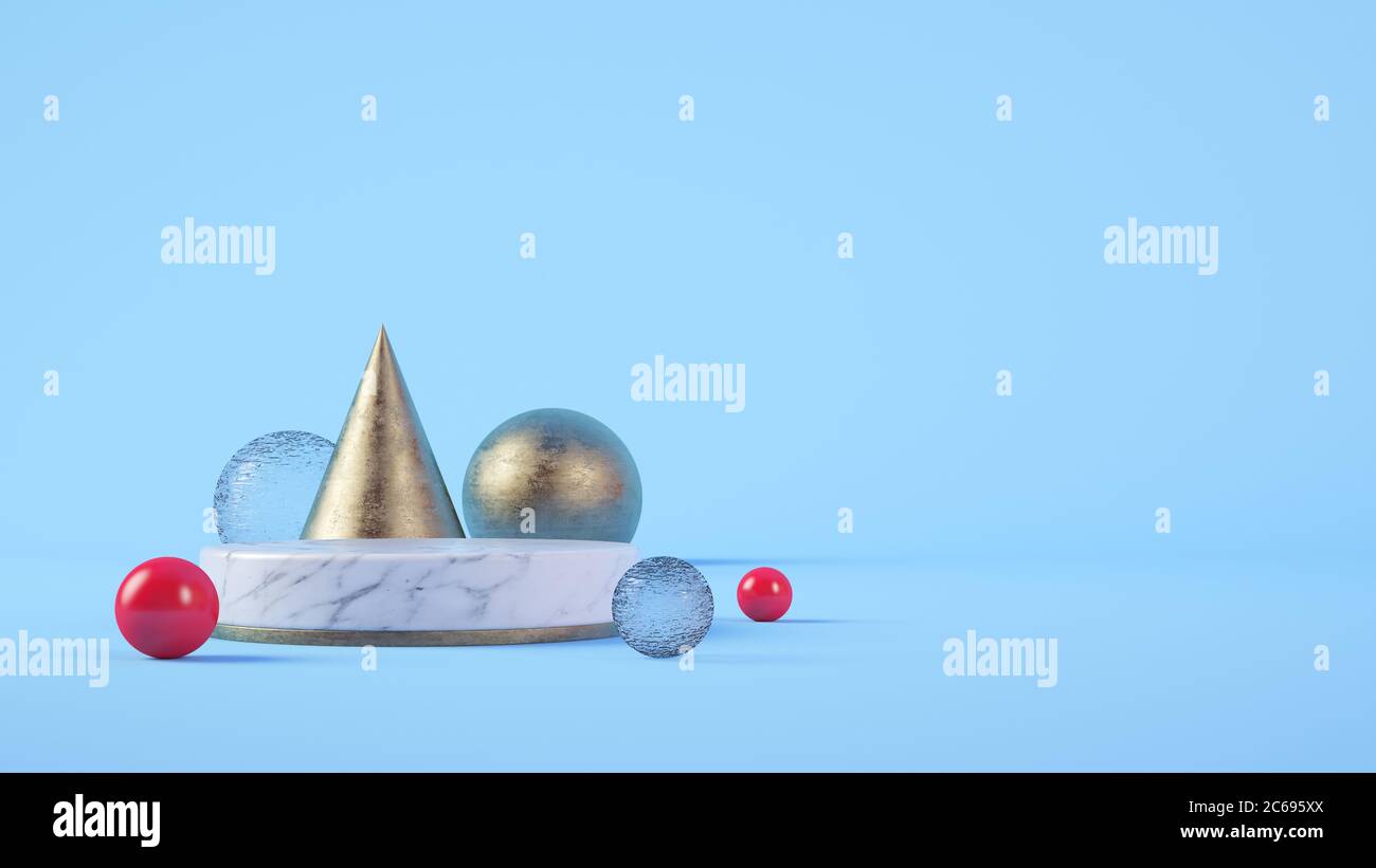 Weißes Marmorzylinder Podium für Produktpräsentation im blauen Hintergrund 3d-Rendering Stockfoto