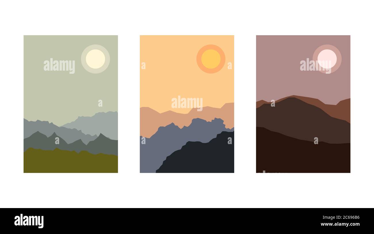 Minimalistische Berglandschaft, Satz von Bannern im japanischen Stil, Berg Sonnenuntergänge und Sonnenaufgänge, vertikale Natur Hintergründe Stock Vektor