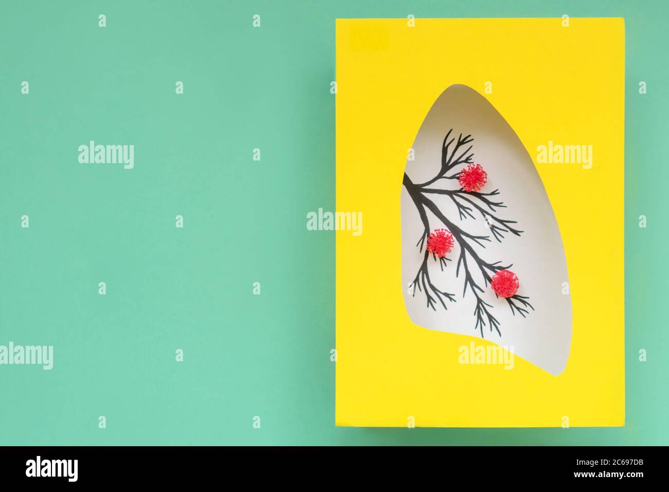 Lungen Symbol Papierkunst, türkis und gelb. Speicherplatz kopieren. Coronavirus-Symbol. Stockfoto