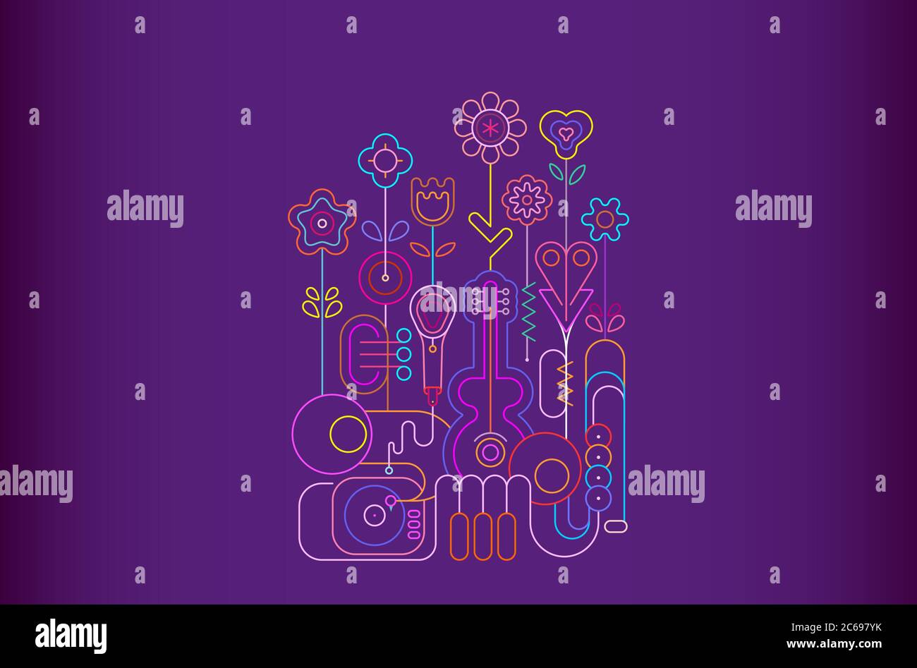 Neon-Farben isoliert auf einem violetten Hintergrund Sommer Blumen und Musikinstrumente Vektor-Illustration. Blühende Blumen wachsen aus Musikinstrumenten Stock Vektor