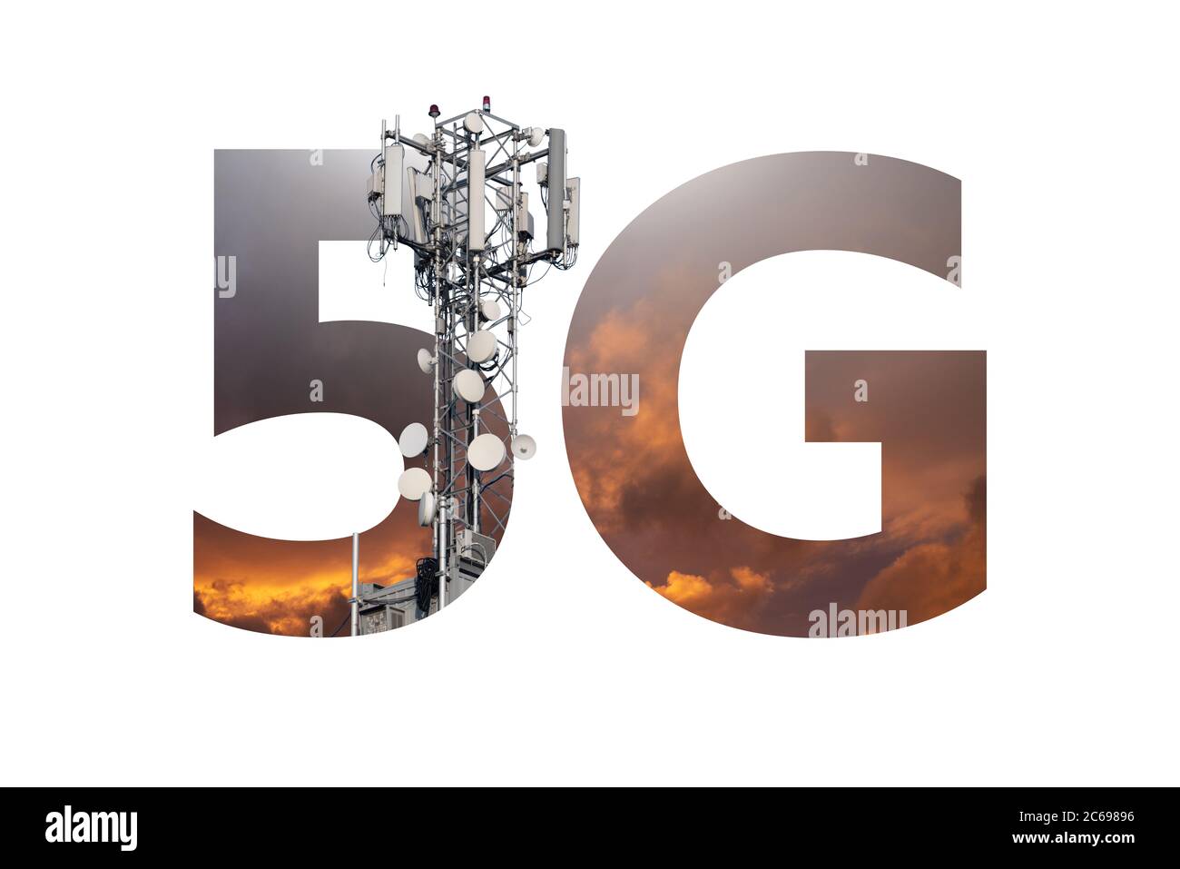 Sender im 5G-Netzsymbol Stockfoto