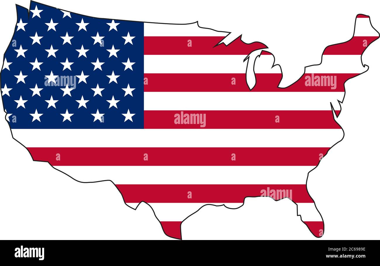 Vektor-Illustration der wehenden amerikanischen Flagge auf dunklem Hintergrund. USA Flagge mit Silhouette Karte von USA. Stock Vektor