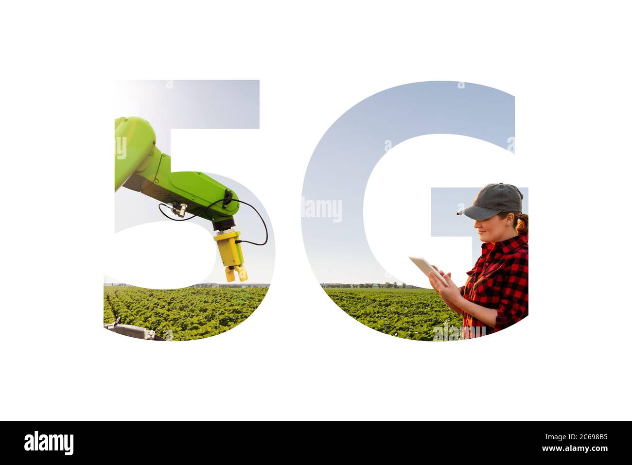5G-Netz für Steuerroboter auf einer Smart Farm. Stockfoto