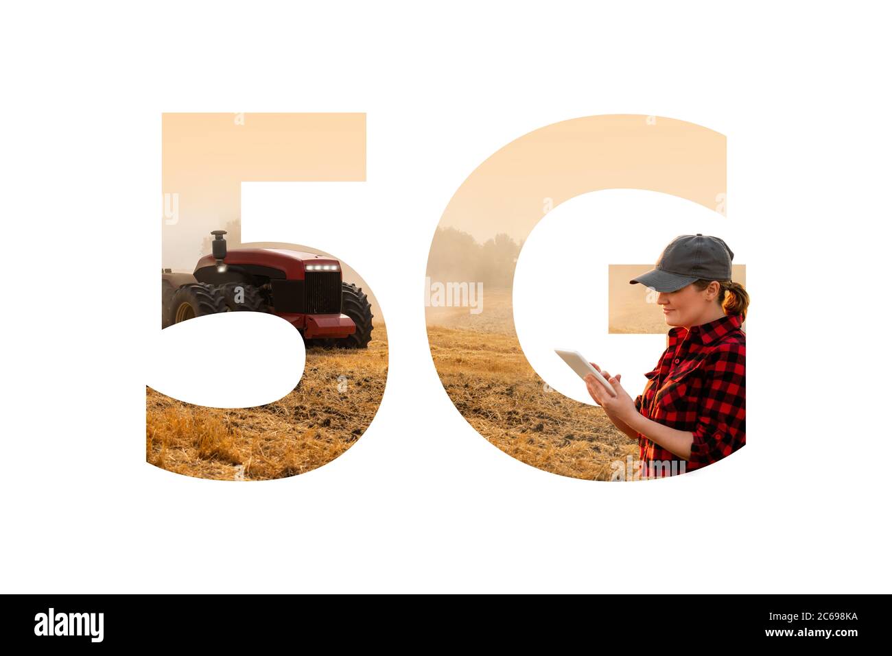 5G-Netz für die Steuerung autonomer Traktor auf einem intelligenten Bauernhof. Stockfoto