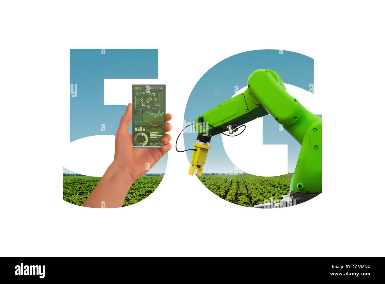 5G-Netz für Steuerroboter auf einer Smart Farm. Stockfoto