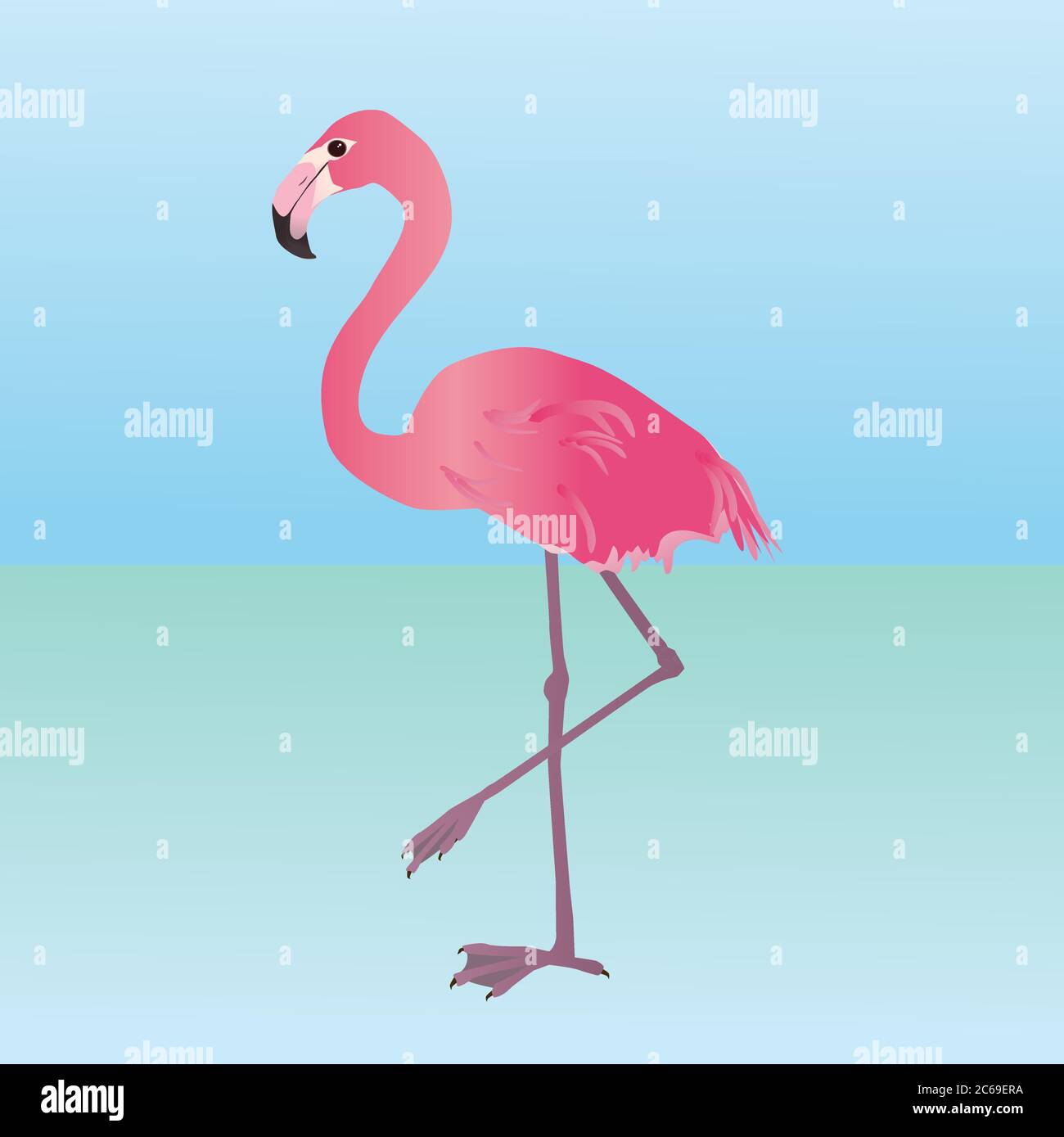 Eine Illustration eines rosa Flamingos. Er hält ein Bein hoch. Stock Vektor