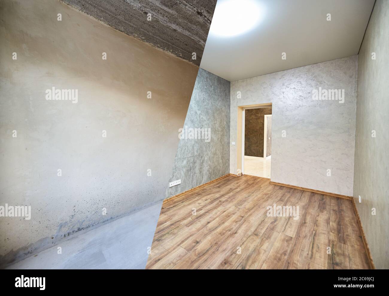 Zimmer in der Wohnung vor und nach Renovierungsarbeiten, leere Betonwände vs Licht dekorierten Zimmer, Rekonstruktion Konzept Stockfoto