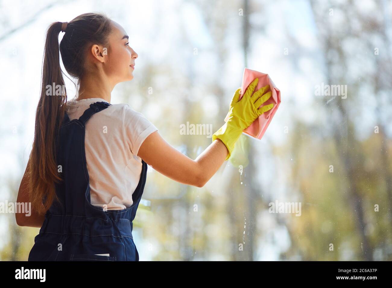 Seitenansicht auf kaukasische junge Frau waschen Panoramafenster, halten rosa Lappen Stockfoto
