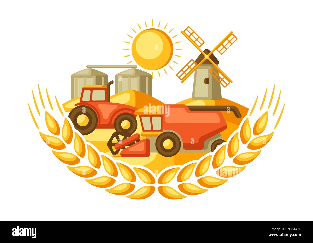 Hintergrund für die Ernte. Mähdrescher, Traktor und Kornspeicher auf Weizenfeld. Stock Vektor