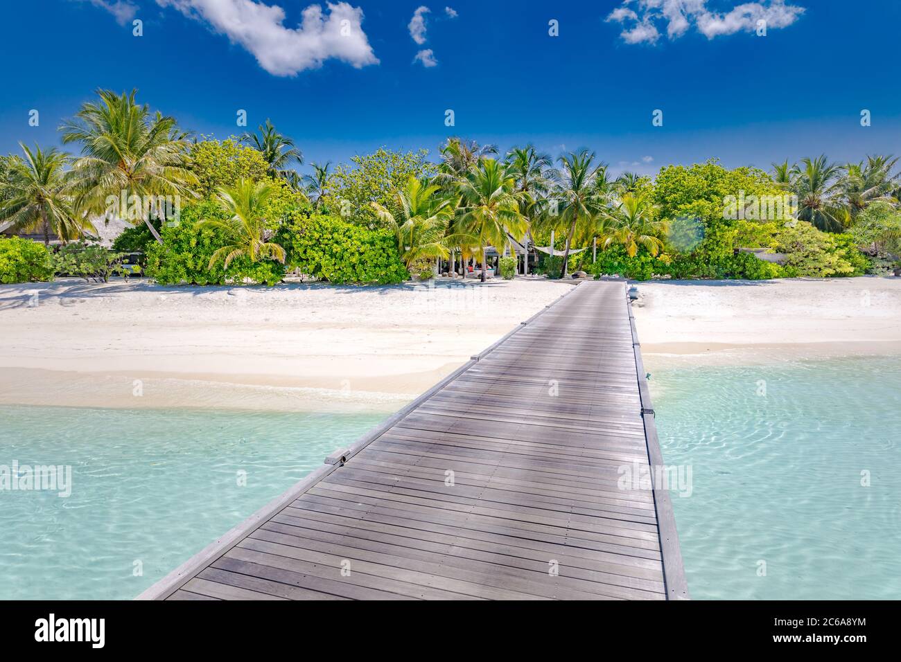 Wunderschöner Strand mit Steg, Palmen und launischen Himmel. Sommerurlaub Reise Urlaub Hintergrund. Malediven Paradies Strand Luxus Urlaub Sommer Stockfoto