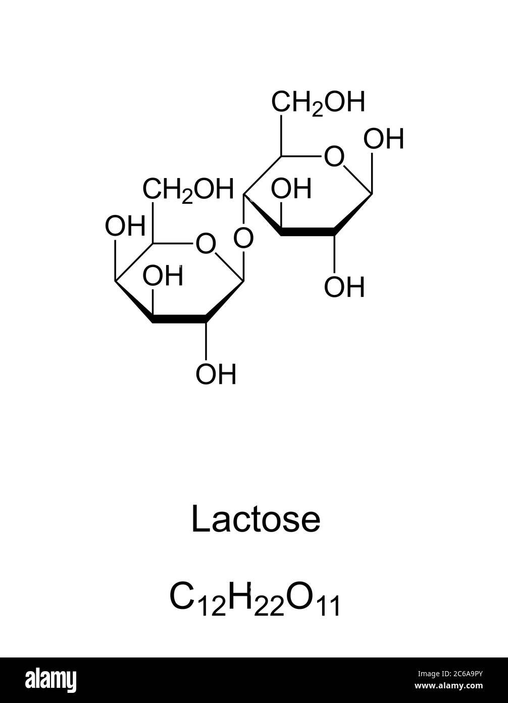Laktose, Milchzucker, chemische Struktur. Ein Disaccharid, bestehend aus den beiden Monosacchariden Galaktose und Glucose. In Milchprodukten gefunden. Stockfoto
