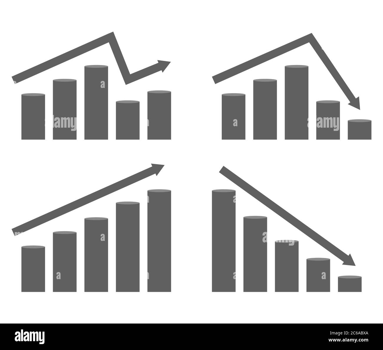 Satz von Grafiken von steigenden und fallenden Preisen.. Vektordiagramm mit Pfeil und Spalten, flache Darstellung Stock Vektor