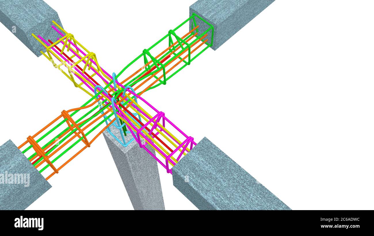 Die Grafik zeigt die korrekte Art und Weise, die Stahlstäbe von Säulen und Betonbalken auf weißem Hintergrund zu verflechten. 3D-Illustration Stockfoto