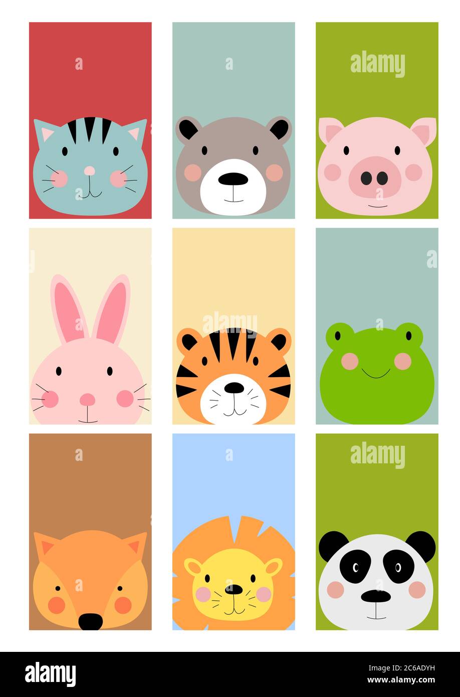 Karte mit niedlichen handgezeichneten Tieren Figuren Sammlung Set. Cartoon Zoo Tiere: hasen, Tiger, Frosch, Fuchs, Löwe, Panda, Katze, Bär, Schwein. EPS10 Stock Vektor