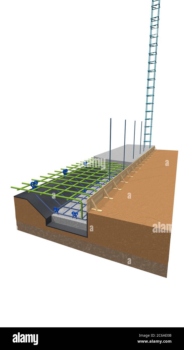 Die Grafik zeigt einen Ausschnitt des Grundbaus eines Hauses, die Holzschalung, die Metallstruktur und die Stangen, die eine Säule bilden. Stockfoto