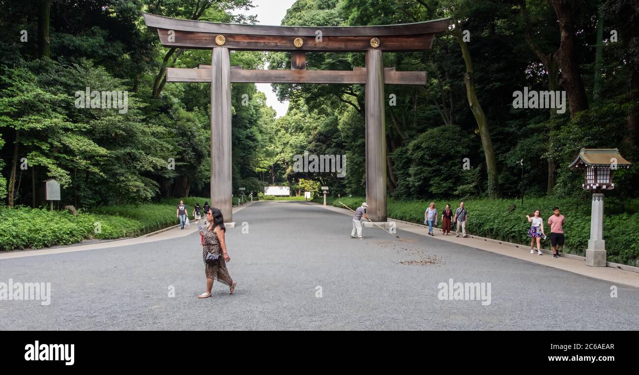 Touristen und Besucher gehen am riesigen hölzernen Torii-Tor im Meji Jingu-Schrein, Tokio, japan vorbei Stockfoto